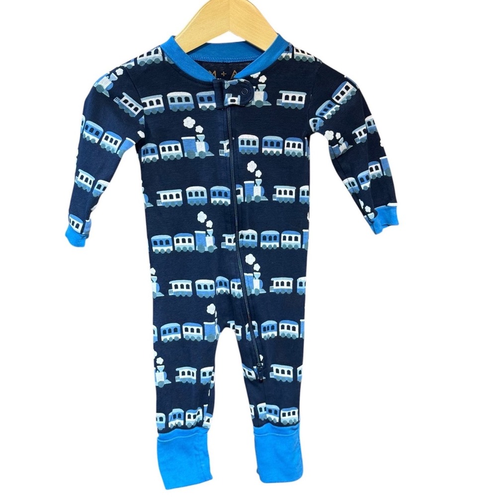 Monica + Andy Sleeper Baby 3-6M Blue Organic Cotton Train Print Zip Pajamas